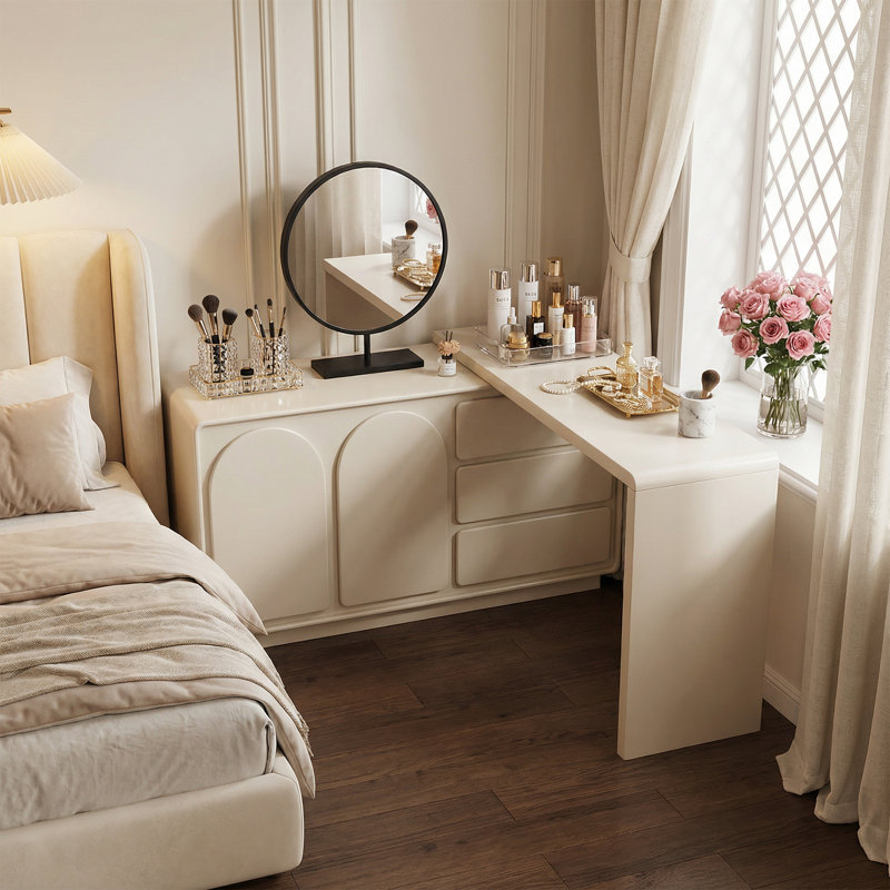 Ensemble de coiffeuse à maquillage extensible avec miroir et tabouret, finition crème, 3 tiroirs et armoires de rangement, 55 à 110 po