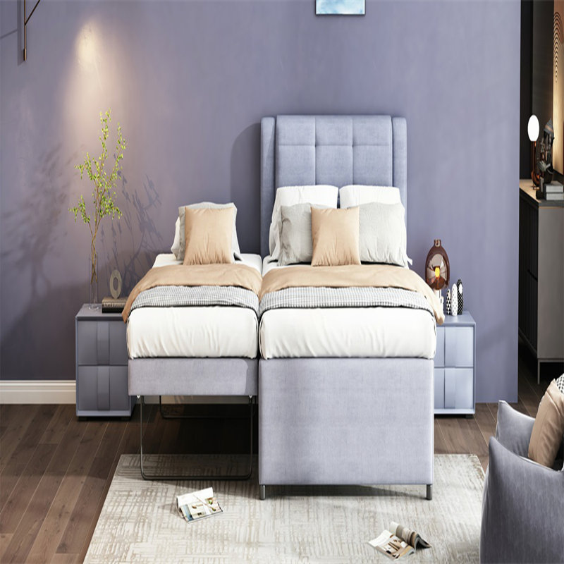 Lit plateforme double avec lit gigogne multifonctionnel, gris, robuste et confortable, gris