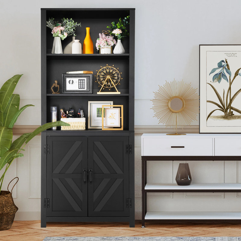 Ilus 71" H x 27" W Modern Storage Bookcase Black Bookshelf Display with Cabinet & 5 Shelves for Home Decor, Black