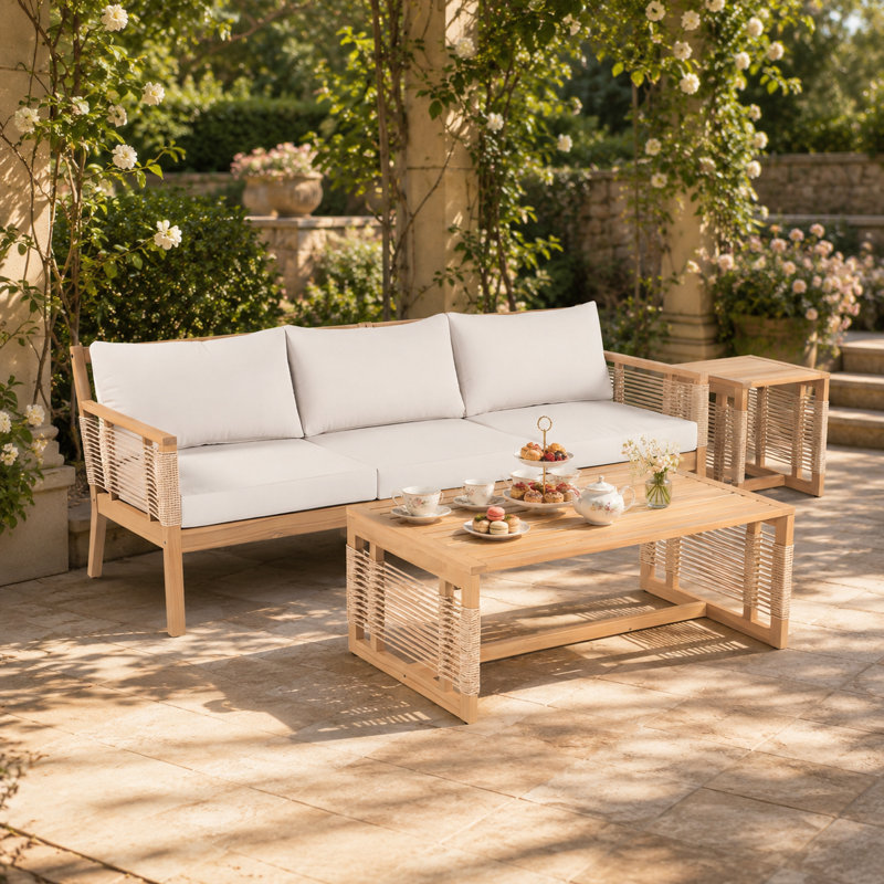 Ensemble de conversation de patio en teck avec canapé 3 places, coussins, table et table d'appoint