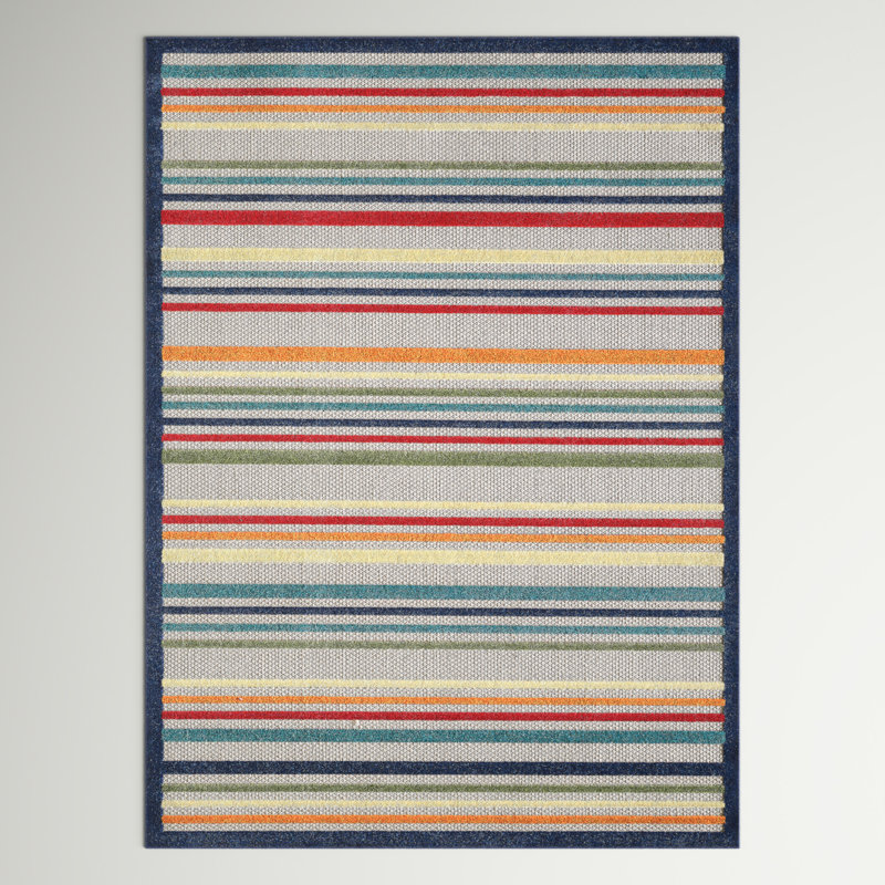 Tapis intérieur / extérieur rayé rouge / bleu / jaune Zaïre, Rectangle 2 pi 2 po x 4 pi
