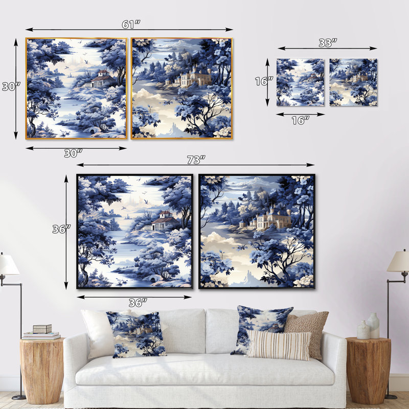 Toile victorienne en cobalt et motif victorien II - ensemble de collage carré paysage, Cadre flottant doré, H 16 po x l 33 po