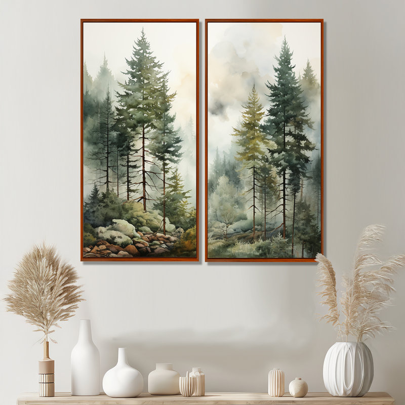 «Pine Tree Misty Morning II», reproductions d'art traditionnel sur toile, 40" H x 40" W, Impression encadrée flottante, Brown