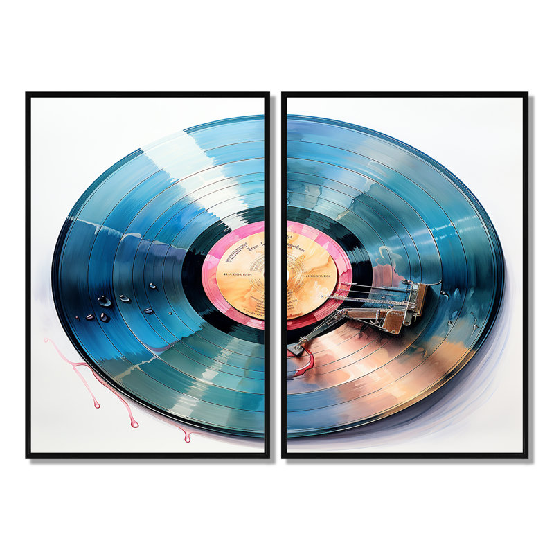 Disque vinyle reflets - art mural moderne noir 2 panneaux, Black, 36" H x 48" W, Impression encadrée flottante