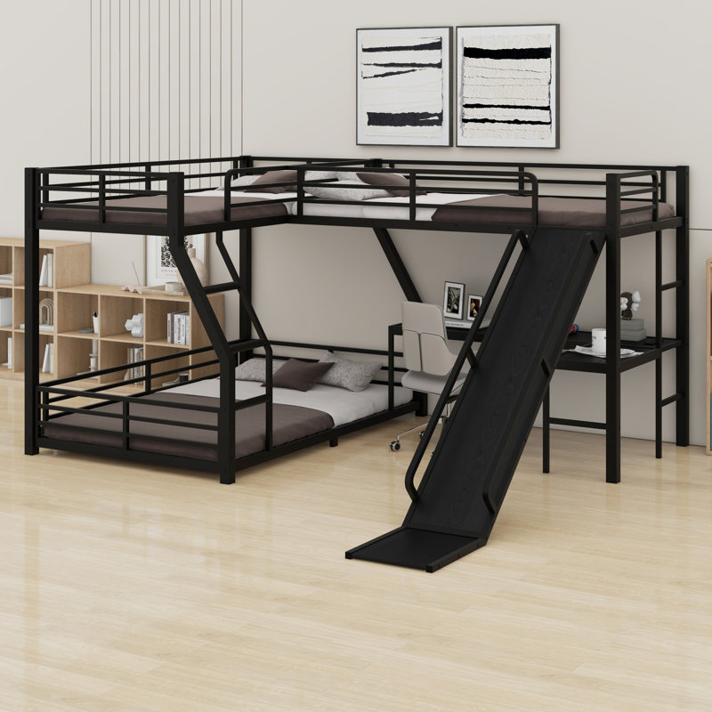 L-Shaped Bunk Bed With Loft Bed, Slide And USB Ports, Twin XL over Queen over Twin