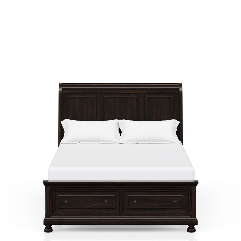 Grand lit en cerisier foncé avec rangement, design transitionnel, finition stable et robuste