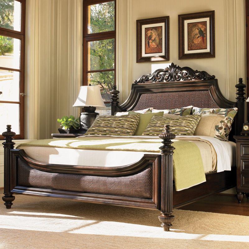 King Mahogany Poster Bed with Upholstered Headboard