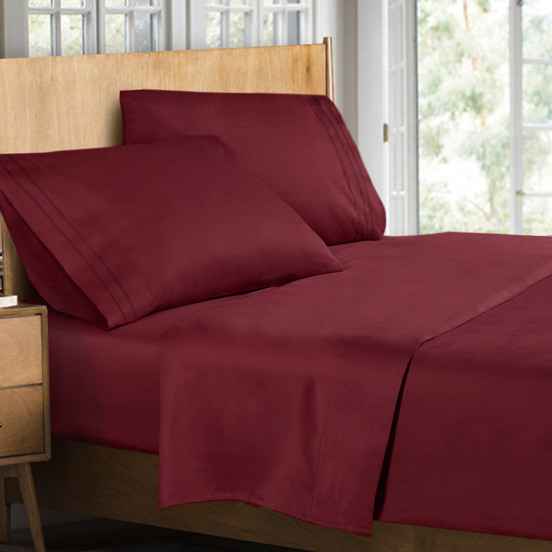 Microfiber Striped Sheet Set, Queen Sheet Set + Fitted Sheet + 2 Pillowcases, Burgundy