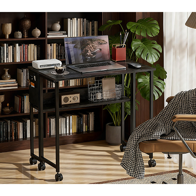 Folding Computer Desk,With 360° Swivel Wheels, Shelf For Small Spaces, Black, Black