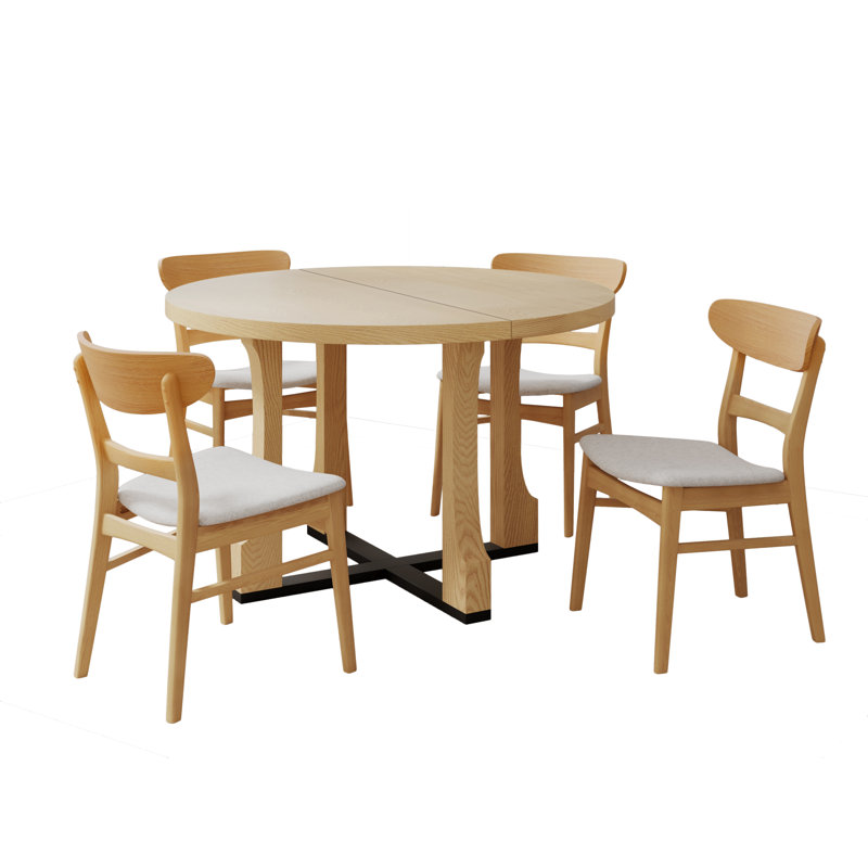 Marcel 5-Piece Mid-Century Modern Dining Set, Natural Oak, Light Beige Cushion/Natural Oak Frame