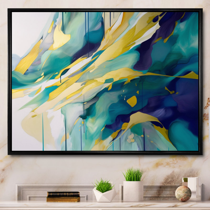 Impression sur toile, or et turquoise, ordre complexe I, Cadre flottant noir, H 12 po x l 20 po x P 1 po