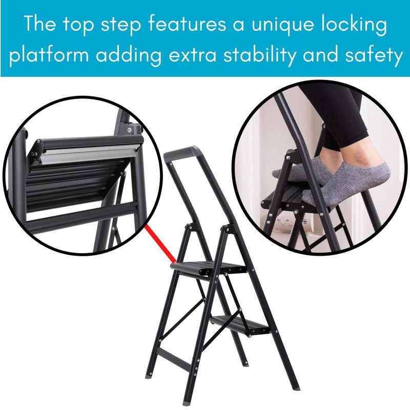 Slim 2 Step Ladder Folding Step Stool for Kitchen, Pantry, Closet, or Home Office - Lightweight Aluminum Space Saving Non-Slip Indoor Foldable Stepladder with Handrail (Black)