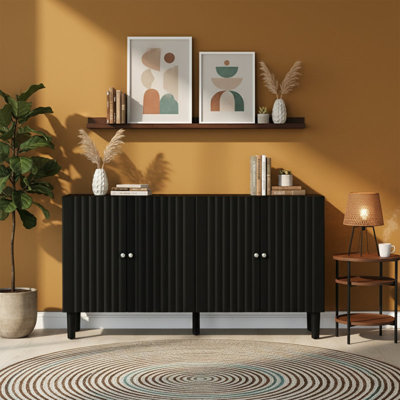 Buffet noir moderne de 58 pouces de large avec portes à motif ondulé, armoire de rangement de 32 po de hauteur avec tablettes réglables et poignées en métal, noir