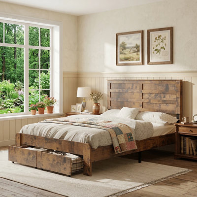 Farmhouse Full-Size Platform Bed Frame With 2 Drawers