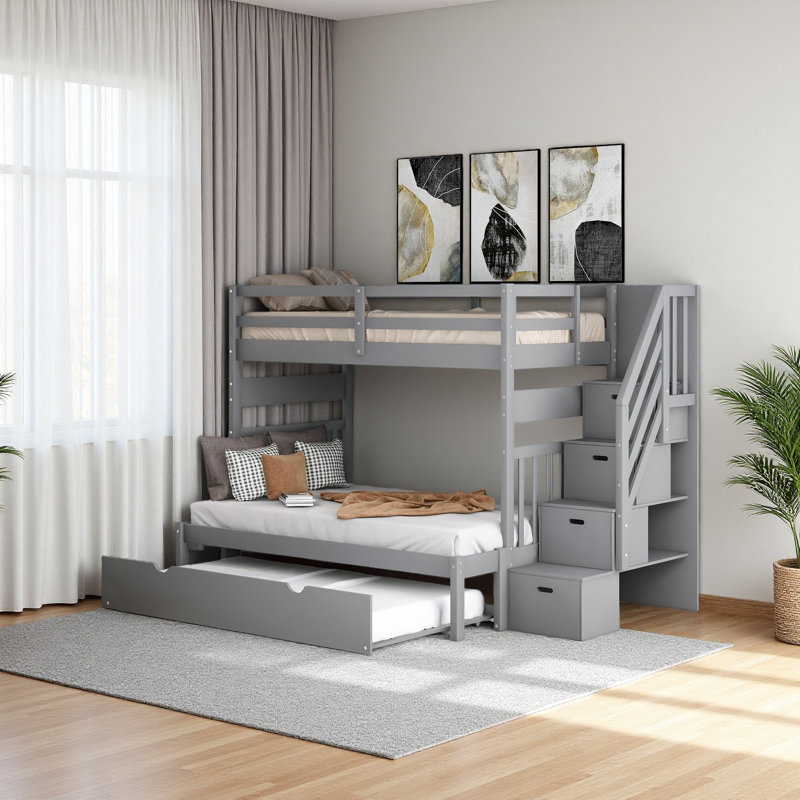 Lit simple superposé au dessus d'un lit double avec lit gigogne simple, Gris
