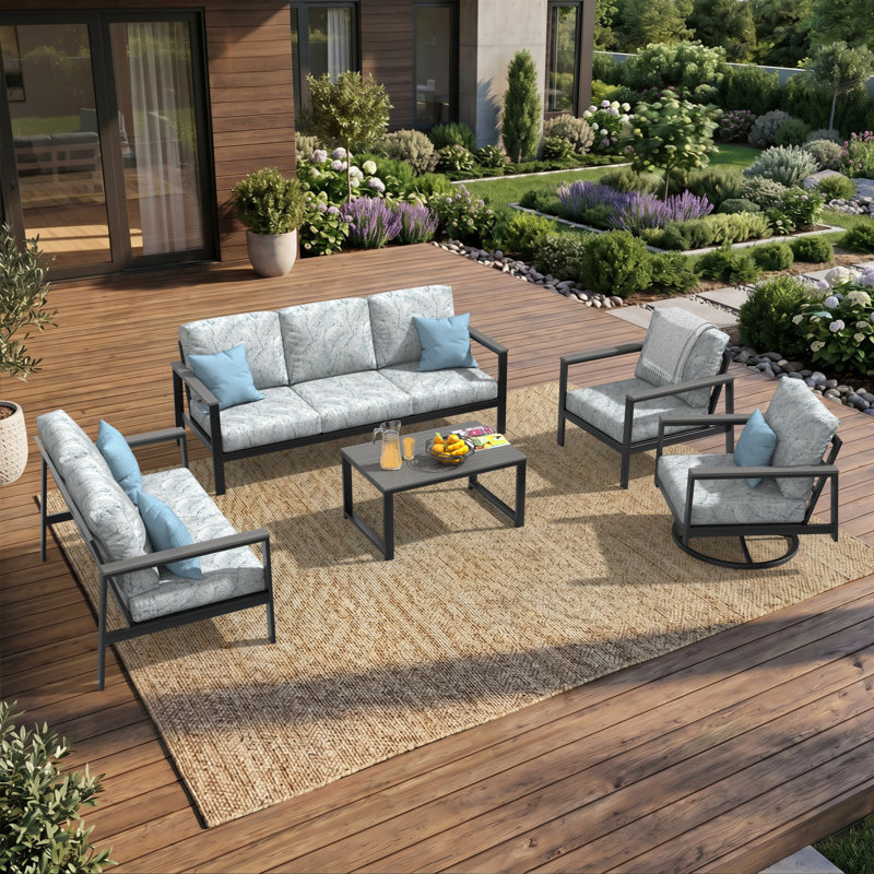 Ensemble de conversation 5 pièces avec coussins Sunbrella® Suren, 5 Pcs: Table, Loveseat, Sofa, 2 Chairs, Green/White Floral