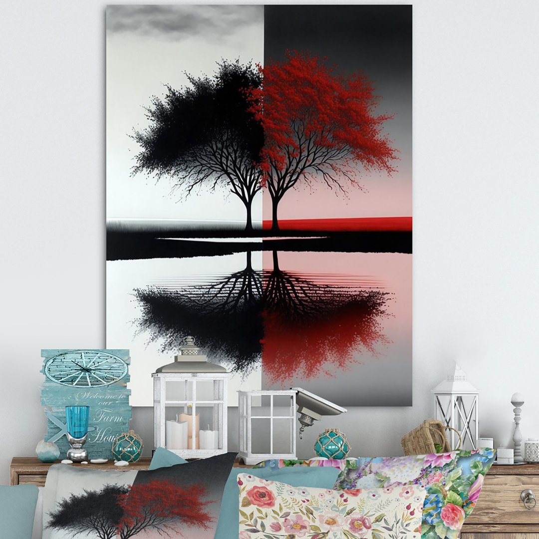 Red And Black Abstract Trees By The Lake - Forest Wall Art Winston Porter 