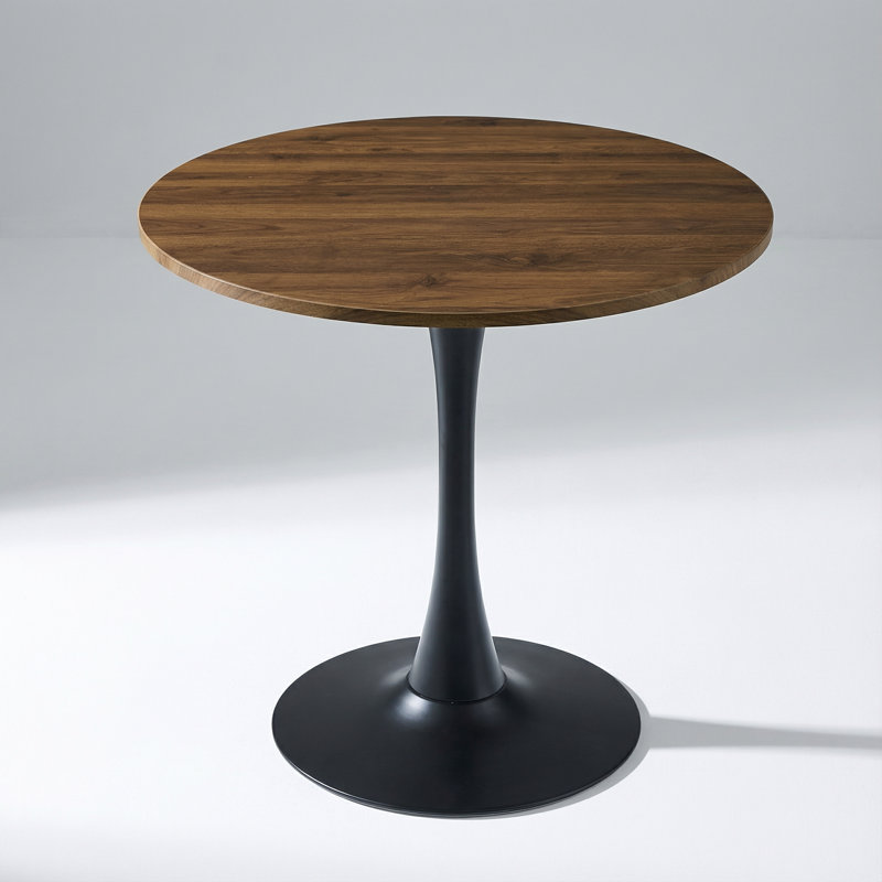 Contemporary Round Pedestal Dining Table with Solid Metal Base and Durable Engineered Wood Top for Compact Spaces, Walnut
