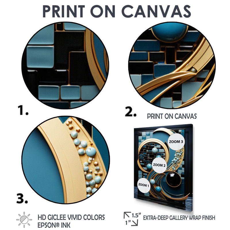 Art mural circulaire circulaire bleu clair contemporain, Toile avec cadre flottant or, H 44 po x l 34 po x P 1,5 po