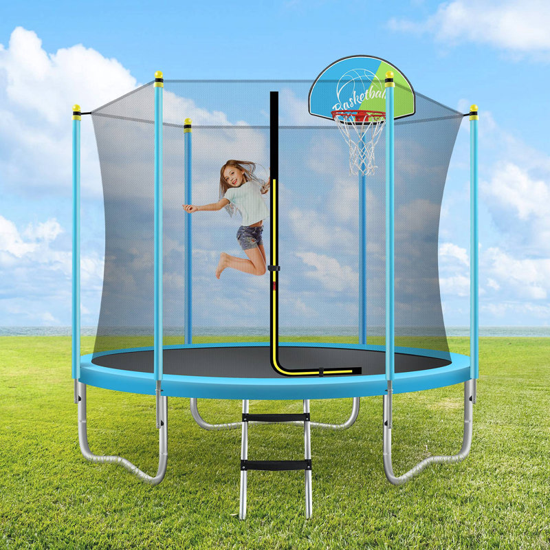 Trampoline pour enfants avec filet de sécurité, panier de basketball et échelle, trampoline récréatif extérieur facile à assembler