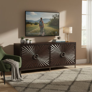 Buffet Sunburst en bois massif brun foncé, 79 x 19 x 35