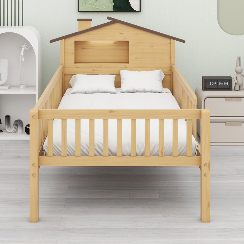 Lit plateforme avec tête de lit en forme de maison, DEL et rangement intégré, Naturel