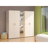 Cashmere And Artisan Oak Effect 5 Door Mirrored Wardrobe Ample Storage Solution With Hanging Rails And Shelving