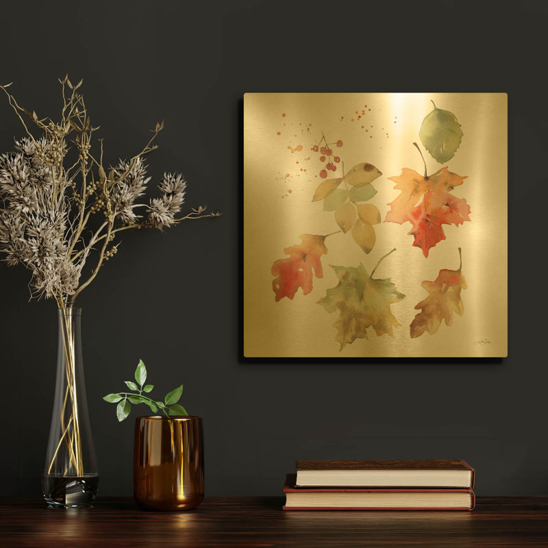«Falling Leaves II» par Katrina Pete, art mural en métal doré, 12 po x 12 po, 12 po x 12 po
