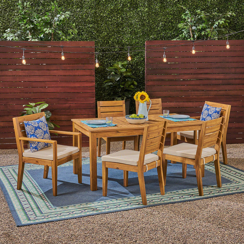 Outdoor 6-Seater Acacia Wood Expandable Dining Set With Cushions,Sandblasted Natural And Beige