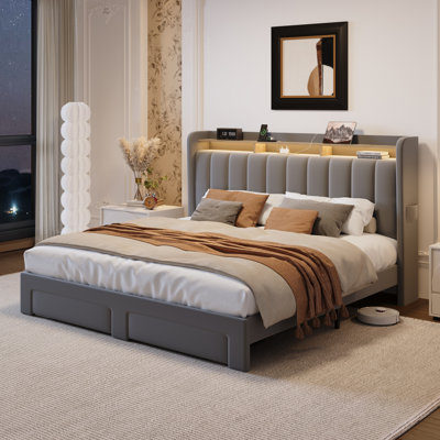 Upholstered Platform Bed Frame With Wingback Design Headboard, Charging Station, LED Lights and 2 Storage Drawers