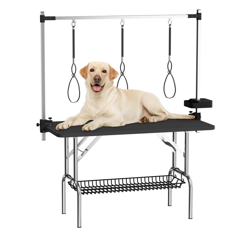 Grande table de toilettage pour chien 47 po en acier inoxydable pliable pour chiens à la maison, Black/Silver