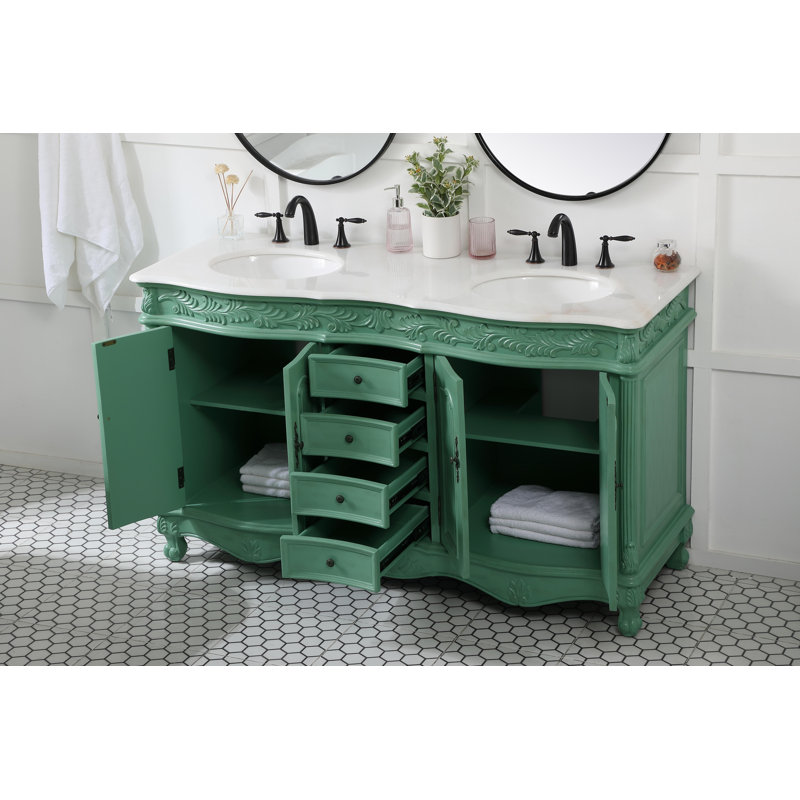 Mannie 60'' Double Bathroom Vanity with Engineered Marble Top, Vintage Mint, White