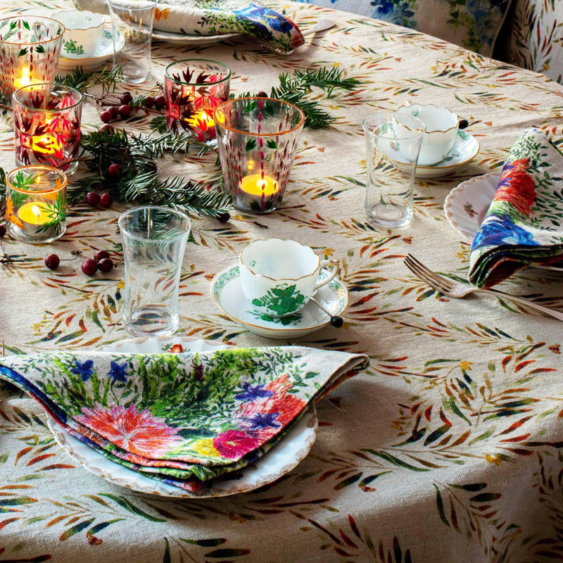Organic Linen Tablecloth in Red Palm, 59" x 79" Rectangle