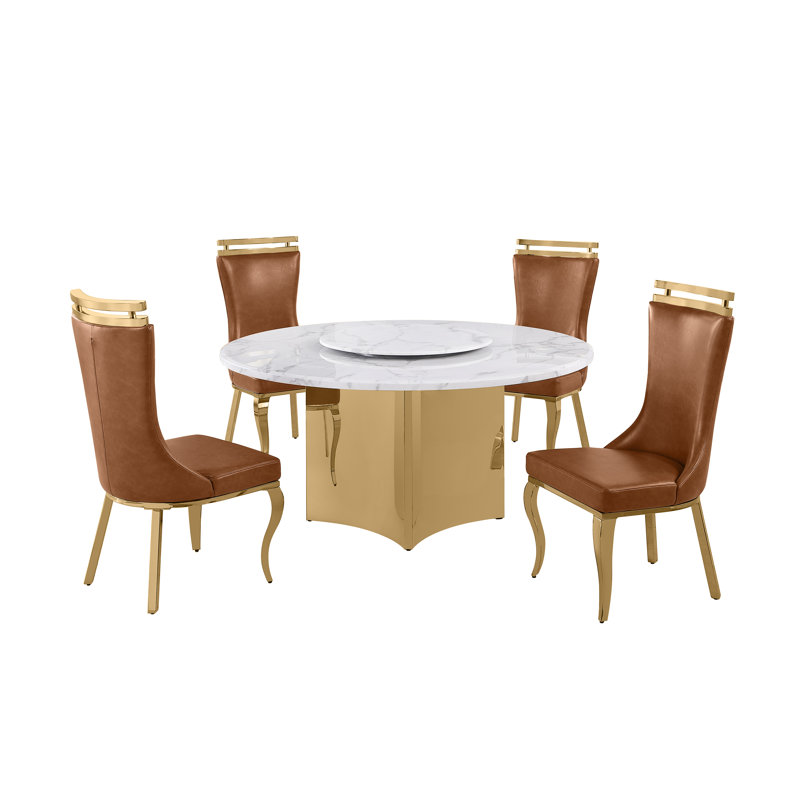Ensemble de salle à manger en marbre blanc avec chaises Lazy Susan et Leathaire, Caramel