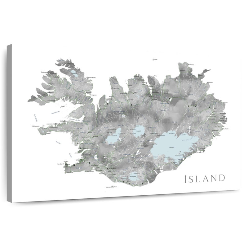 Carte de Nicci de l'Islande en gris avec des étiquettes, H 24 po x l 36 po