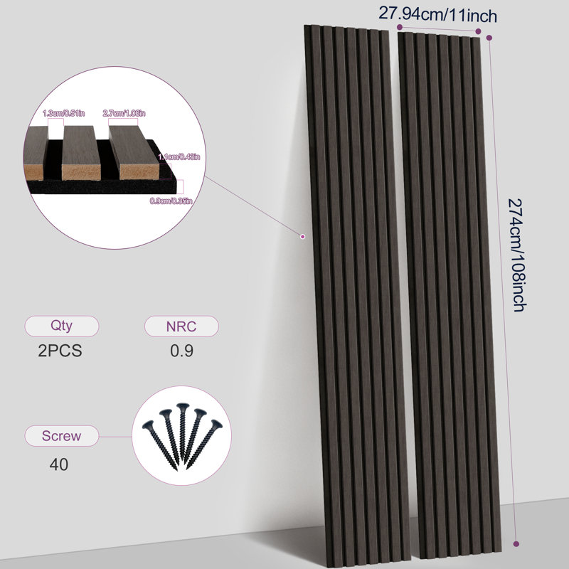 2 PCS 108'' x 11'' Slat Solid Wood Wall Paneling for Interior Wall and Ceiling Decoration, Acoustic Wood Panels (16.5 Sq. Ft./Case)