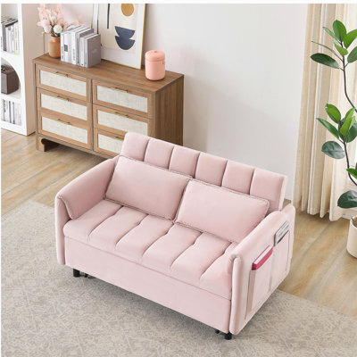52-inch pink modern velvet sofa, sofa bed with pull-out, single sofa with pillow, pocket, living room furniture, 3-in-1 convertible sleeping sofa bed.