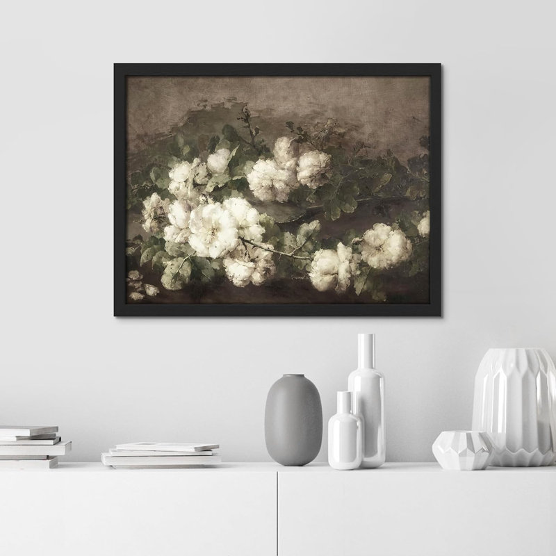" Still Life White Flower Wall Art Natural Landscape Country Farmhouse Vintage Painting Print ", Black