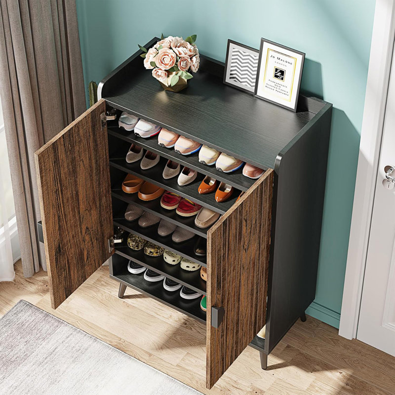 Armoire à chaussures 29,6 pouces en bois brun rustique avec portes, Brun / Noir