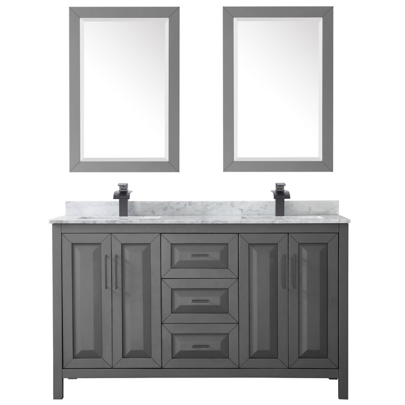 Daria 60'' W Double Vanity, White Cultured Marble, Dark Gray, Matte Black