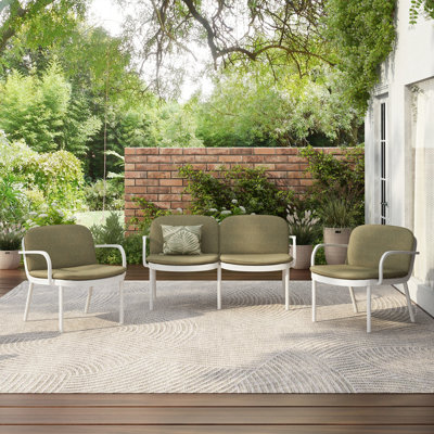 Luna Outdoor Patio PP 3PCS CHAT SET, White Frame With Green Cushion, (2Pcs Club Chairs And 1Pcs Loveseat), Chair