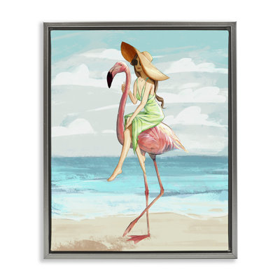 " Beach Woman Riding Pink Flamingo Tall Tropical Bird " by Ziwei Li