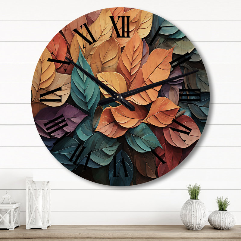 Colorful Leaves Collage I - Modern Oversized Wood Wall Clock, Grand