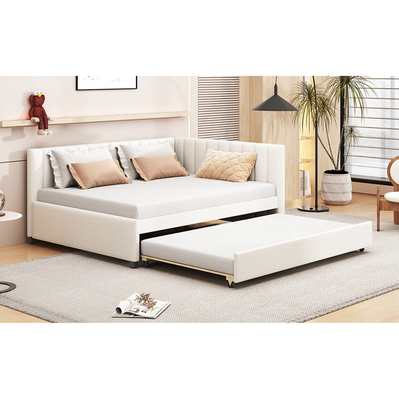 Full Daybed With Trundle In Beige Linen, Comfortable And Relaxing Linen Functional Trundle, No Box Spring, Stable Frame, Space Saving For Apartments