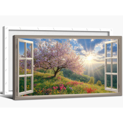 Cherry Blossom Window Scenery Wall Art, Spring Pictures Floral Landscape Wall Decor, Vibrant Open Window Sunrise Canvas Artwork Home Nature Prints for Living Room Bedroom, 12x24 inches