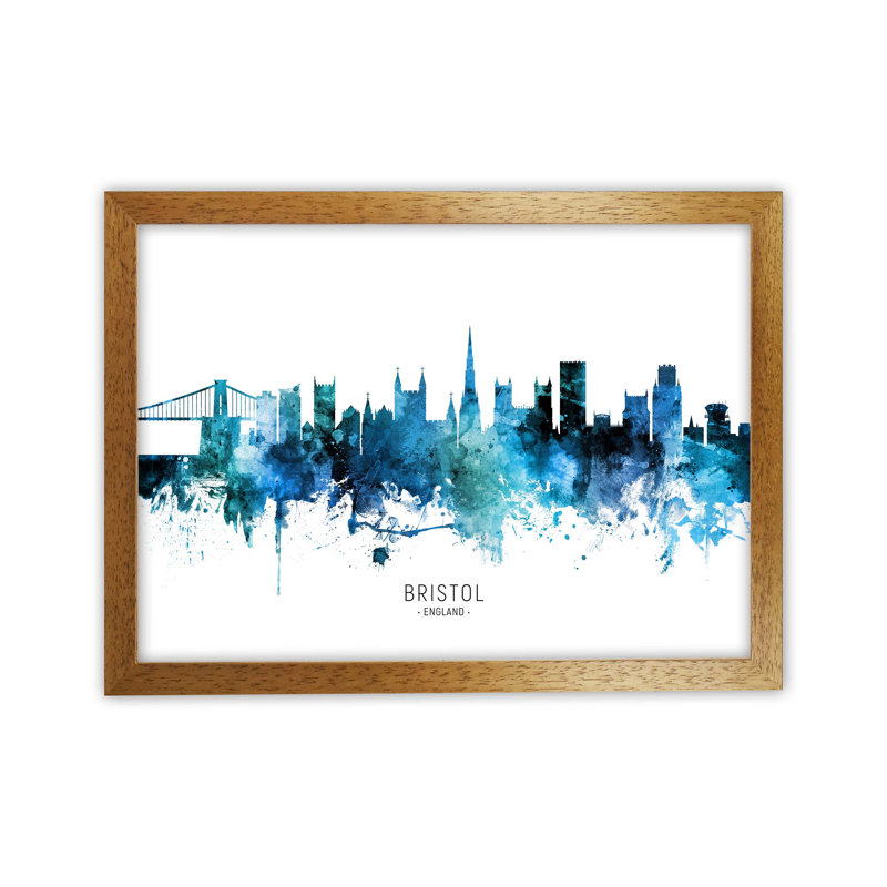Bristol England Skyline Blue City Name by Michael Tompsett - Print, Oak Framed, 25cm H x 34cm W x 3cm D