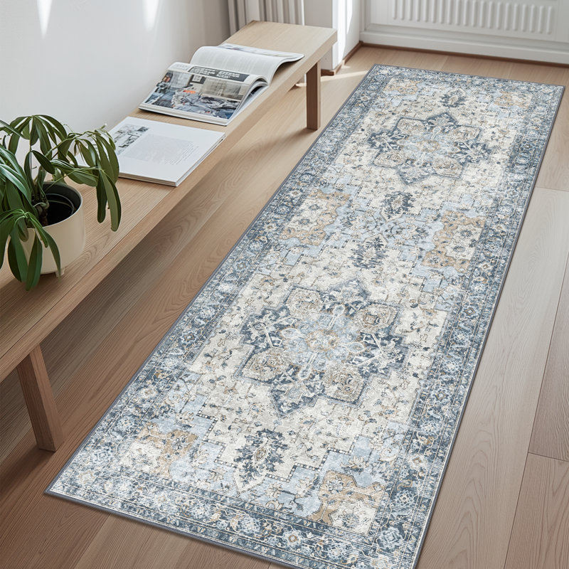 Tapis oriental performance Roehit, Tapis de couloir de 2 pi x 7 pi, Bleu/rouge