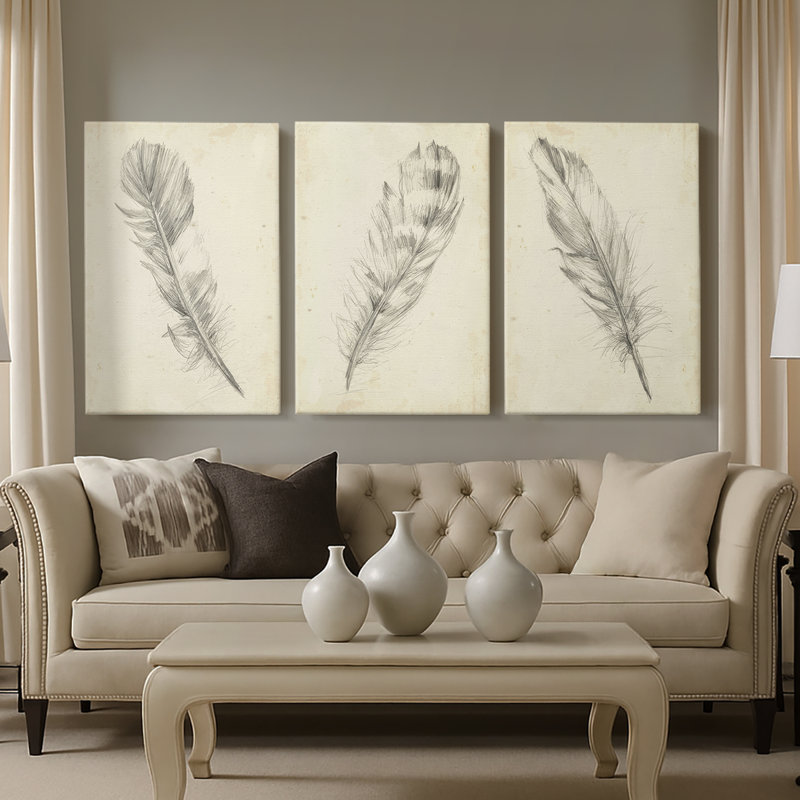 Croquis de plumes I - Toile tendue avec châssis sur mesure - 3 pièces, H 12 po x l 24 po
