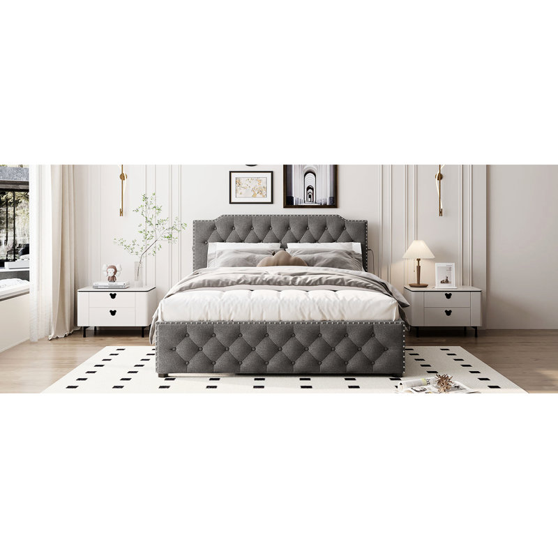 Lit tapissier pour grand avec lit gigogne simple et fentes, tissu de revêtement en lin gris