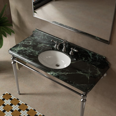Console de lavabo Vici 48, lavabo encastré en céramique et comptoir en marbre naturel vert foncé avec 3 trous prépercés pour robinetterie, pieds de support autoportants en acier inoxydable avec porte-serviettes, fini chromé
